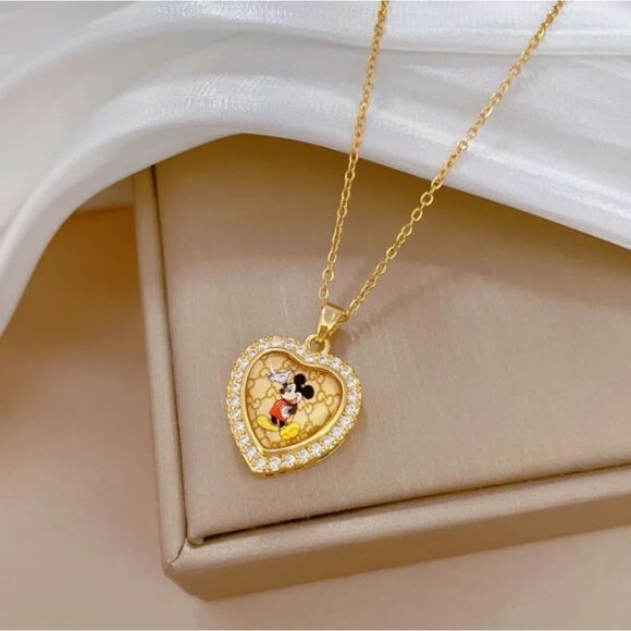 18K Gold Plated Diamond Mickey In Heart With Monogram Background - Picture 3 of 7